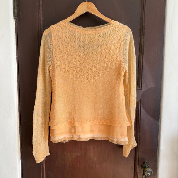 KNITTED AND KNOTTED Peach Open Weave Alpaca Blend Layered V Neck Sweater Medium - Picture 2 of 8